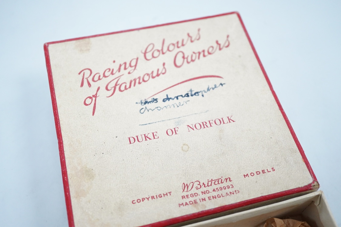 Two boxed Britains Racing Colours of Famous Owners series lead mounted figures; Lord Astor - rider in blue jersey with a pink sash on a grey horse (one leg broken and missing), and. the Duke of Norfolk - rider in blue je